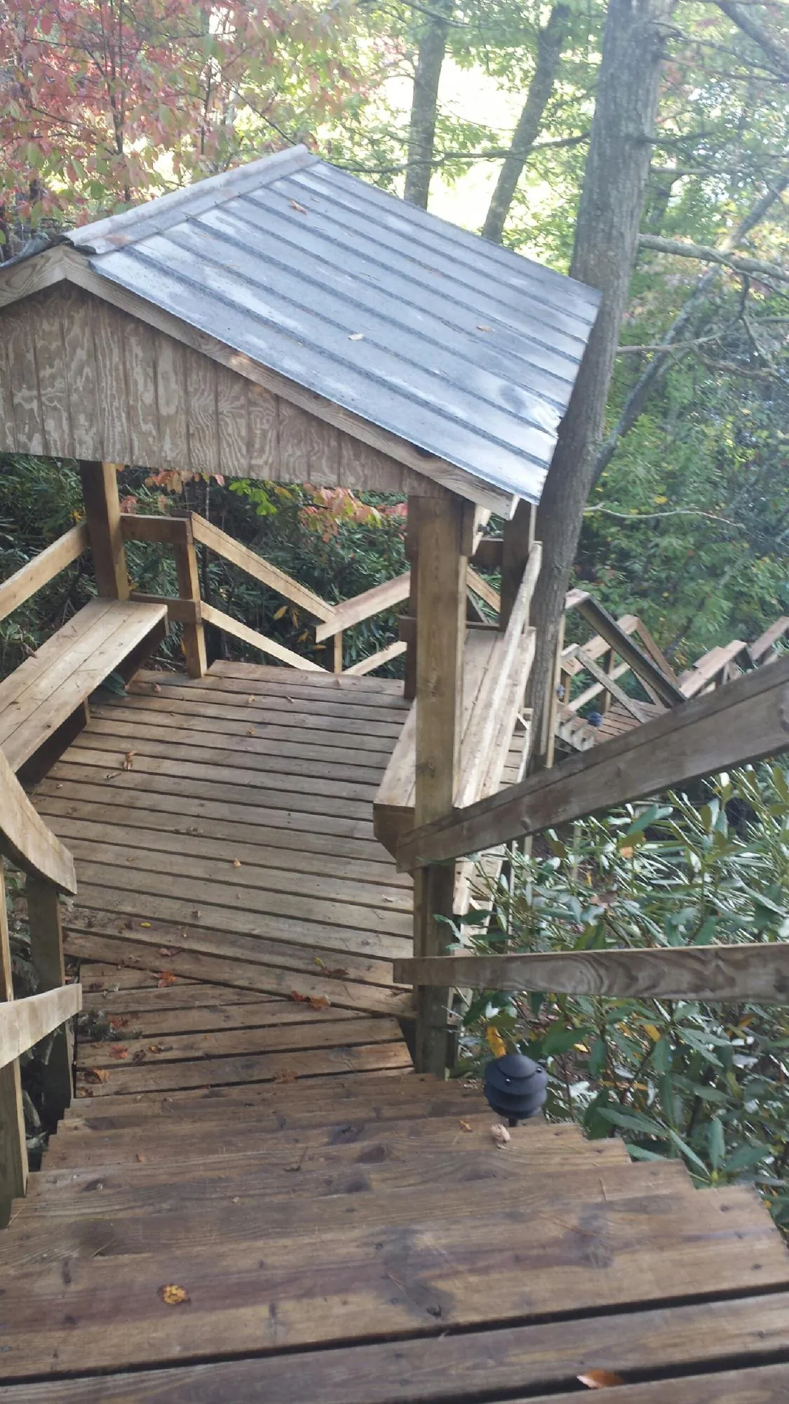 Metal roofed shelter over wooden steps on a wooded walkway — Skylight Repair & Installation work by our crew in De Borgia
